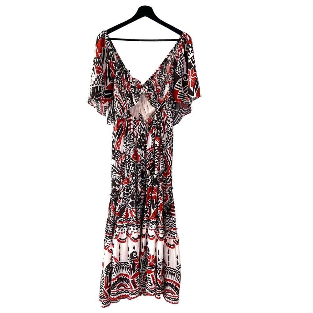 Anthropologie Brown Red White Print Tiered Short Sleeve Tiered Maxi Dress Medium - Picture 4 of 12
